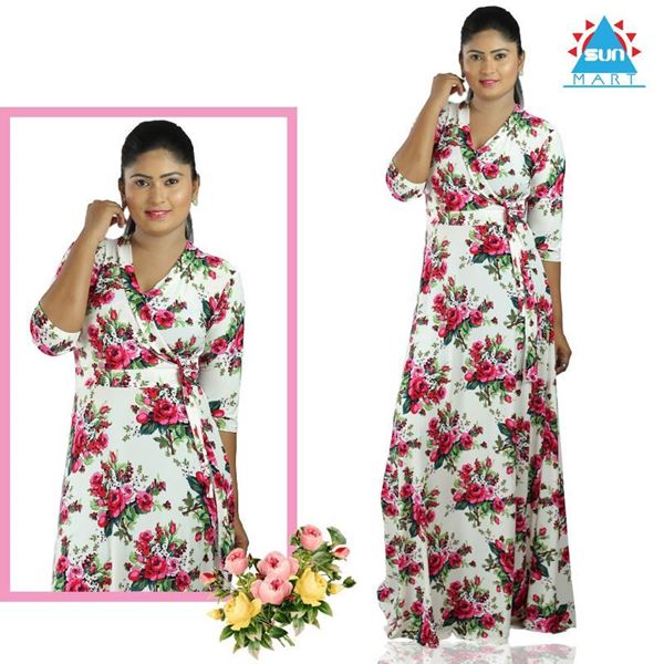 Picture of Cross over Long Sleeve Roses design Maxi Dress