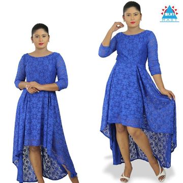 Picture of Round Neck Royal Blue High Low Lace Dress with Sleeve