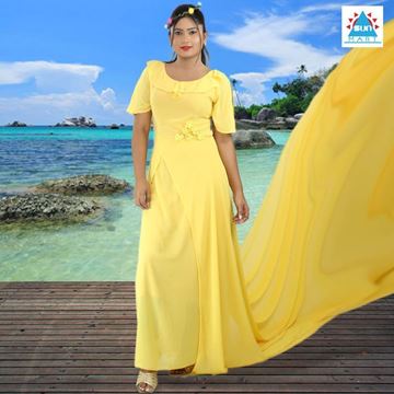 Yellow colour preshoot dress with long tail