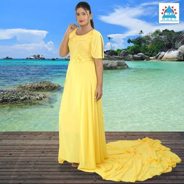 Yellow colour preshoot dress with long tail