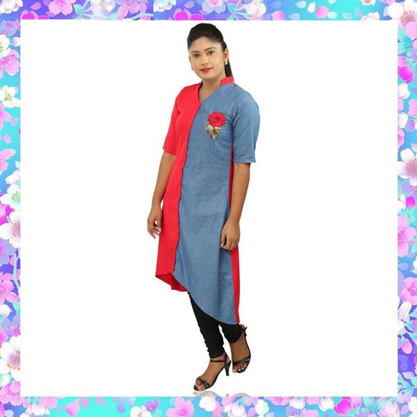 Picture of Asymmetric hemline kurtis two color top with embroidery rose