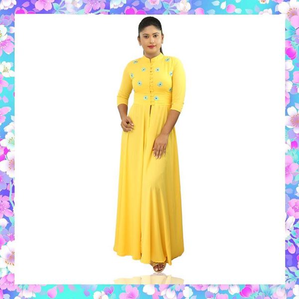 Picture of High necked long kurti top with embroidery flowers