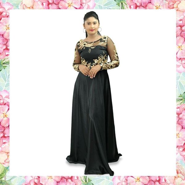 Picture of Crepe Silk Maxi Party Frock with Gold Embroidery Floral Design
