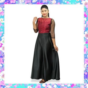 Picture of Boat necked red & black maxi party dress