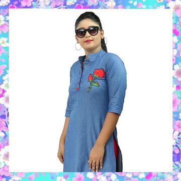 Picture of Chambray Long Top with Embroidery Rose Flower
