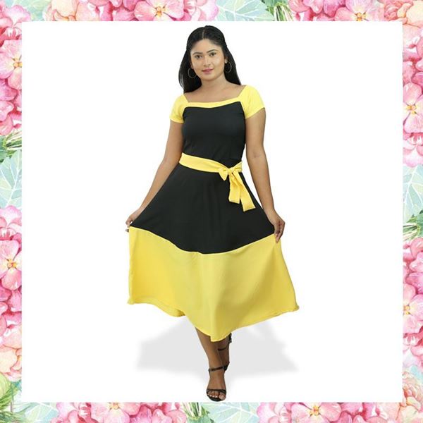 Picture of Black & Yellow mixed two color frock with short sleeve