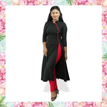 Picture of High necked black color long top with red buttons