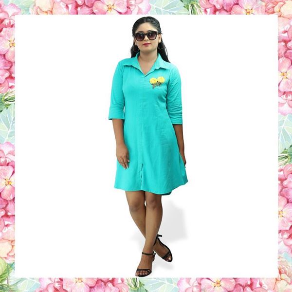 Picture of Linen short shirt dress with yellow color flower