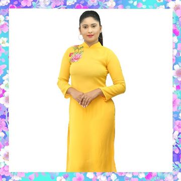 Yellow color georgette long top with embroidery rose flower