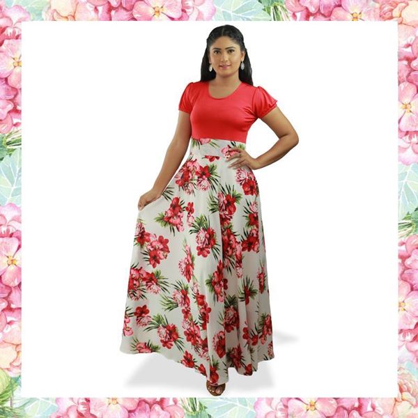 Picture of Red and White mixed flared maxi dress