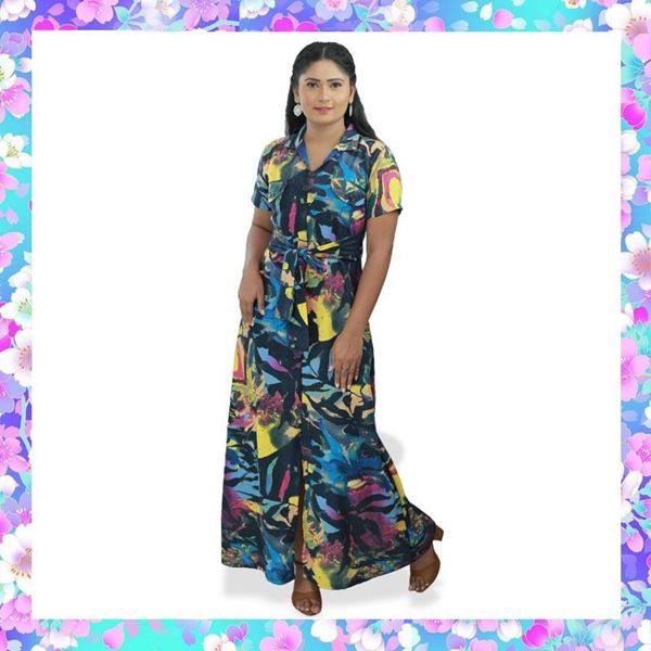 Picture of Printed material long linen frock with belt