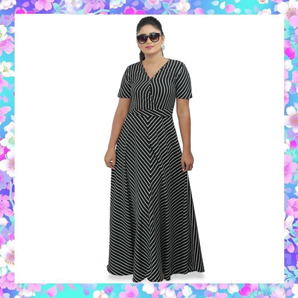 Picture of Striped Designed Cross Over Maxi Dress