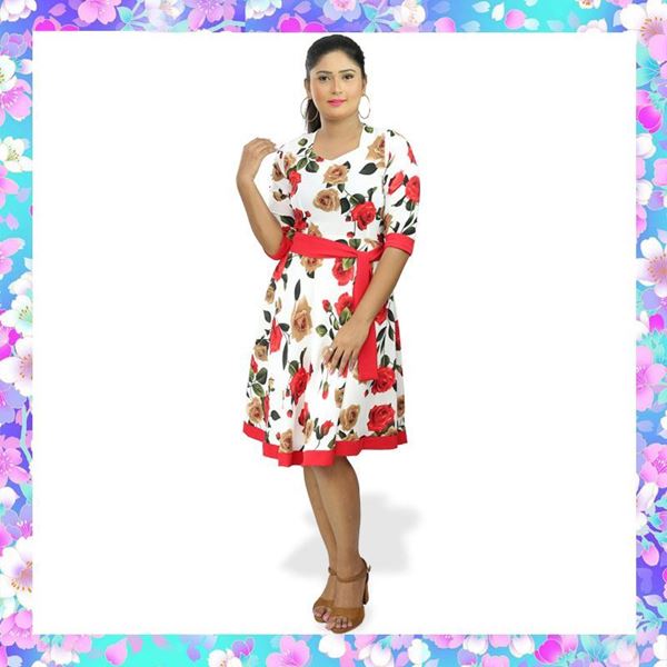 Floral Designed Red & White Mixed Long Sleeve Frock with Red Piping