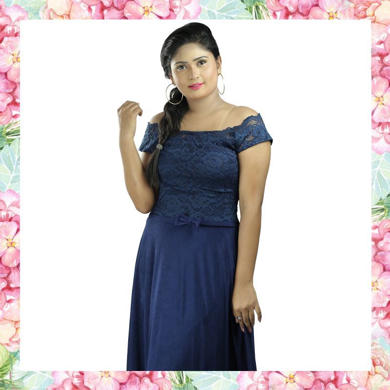 Off Shoulder Maxi Party Frock with Short Sleeves-SunMart Lanka