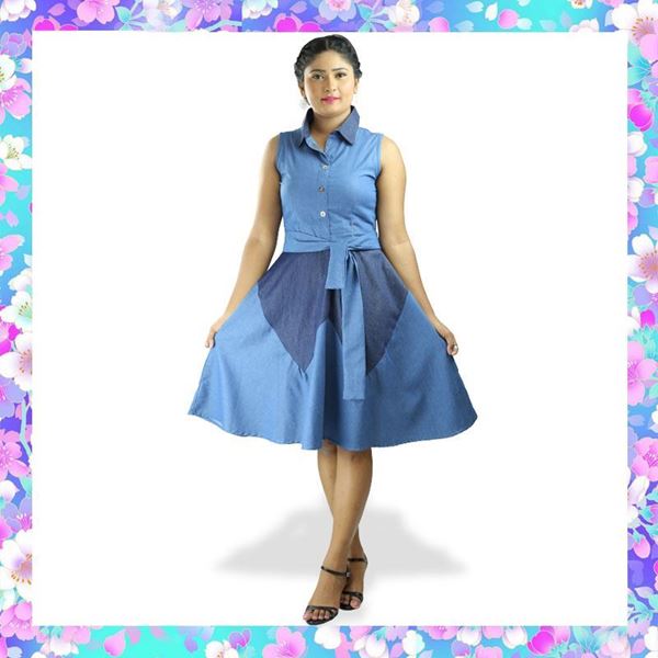 Picture of Sleeveless chambray short frock with belt