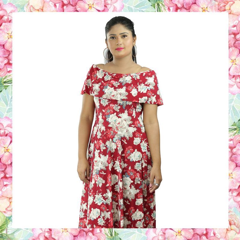 Floral designed off shoulder short frock with frill-SunMart Lanka