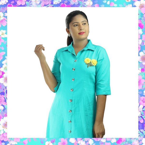 Picture of Green Color Linen Short Shirt Dress