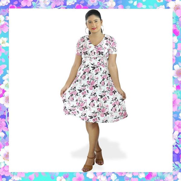 Picture of Empire Line Floral Designed Short Frock with Puff  Sleeve