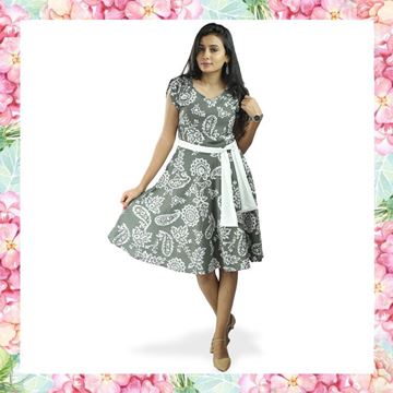 Picture of Printed Linen Short Sleeves Short Frock with Belt