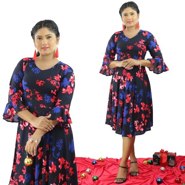 Picture of V-necked Long Sleeve Short Frock with Bell