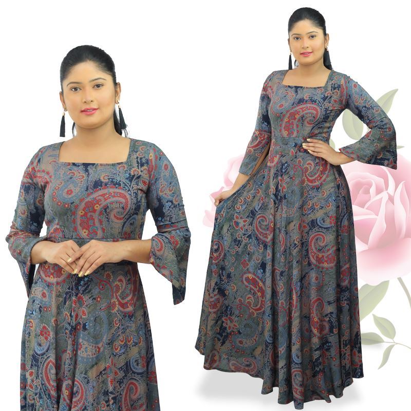 Square necked long sleeves maxi dress-SunMart Lanka