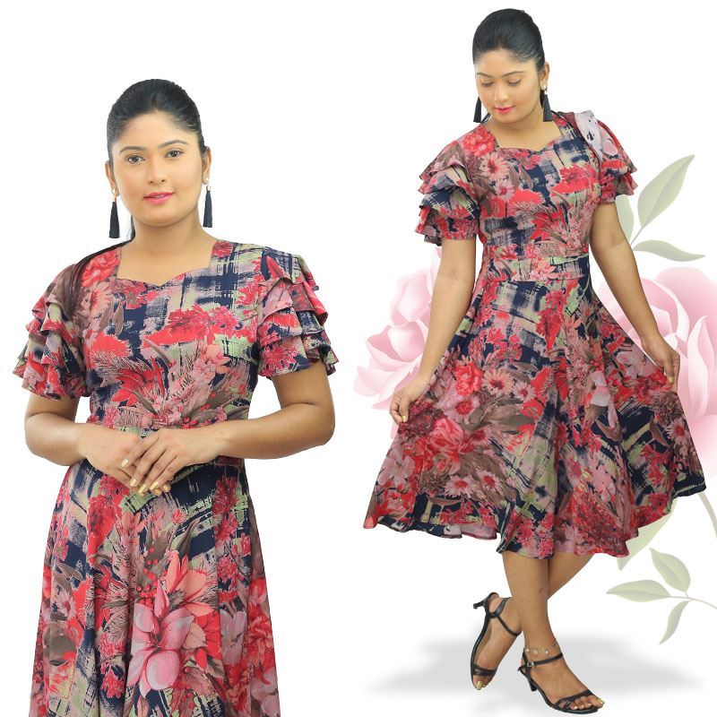 Sweet heart necked short frock with Butterfly frilled sleeves-SunMart Lanka