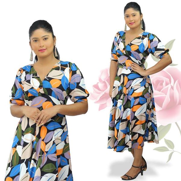 V-necked Printed Designed Three Quarter Frock with Collar-SunMart Lanka