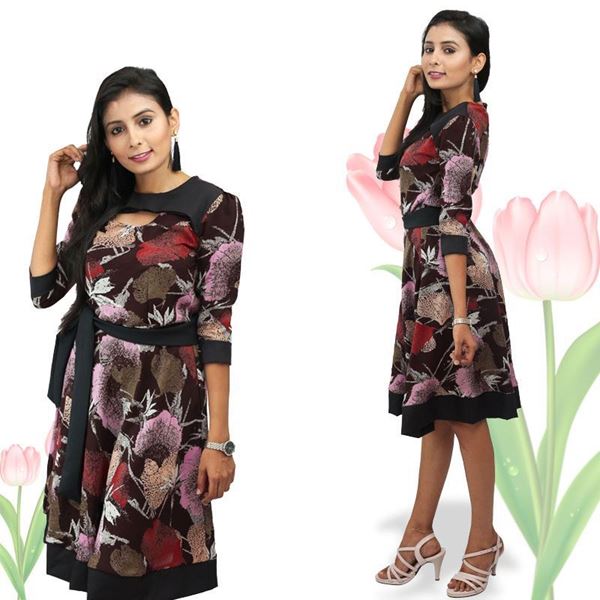Picture of Neck Designed Printed Linen Short Frock with Belt