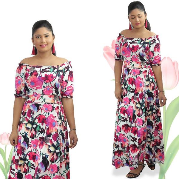 Picture of Puff sleeves off shoulder maxi dress with floral design