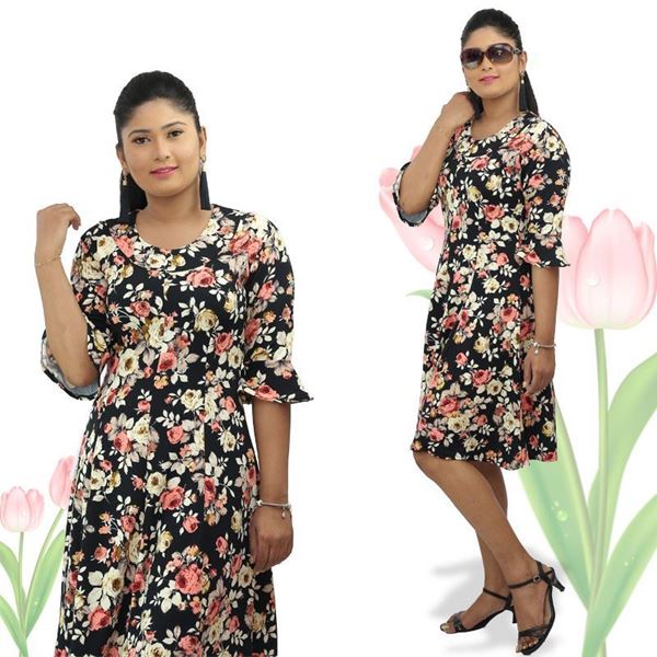 Princess line floral short frock with bell sleeves-SunMart Lanka