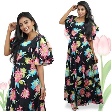 Picture of Sweat heart necked floral maxi dress with frilled bell sleeves