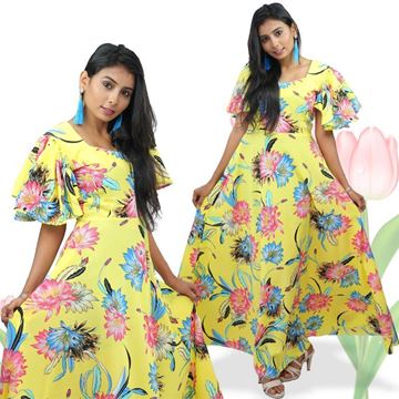 Picture of Sweat heart necked floral maxi dress with frilled bell sleeves