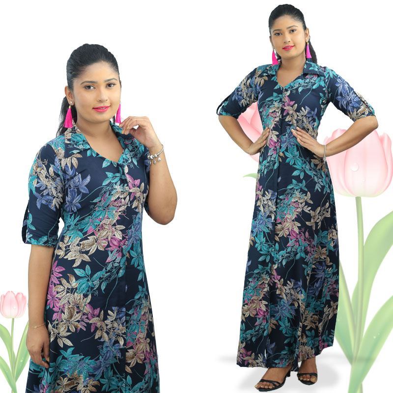 Leave designed A-line maxi dress with collar-SunMart Lanka