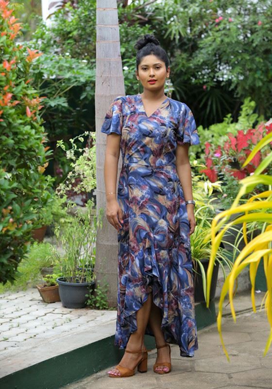 Cross Over Cocktail Maxi Frock with Frilled Sleeves-SunMart Lanka