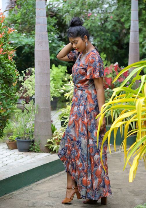 Cross Over Cocktail Maxi Frock with Frilled Sleeves-SunMart Lanka
