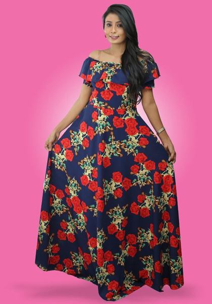 Picture of Off Shoulder Frilled Floral Maxi Dress