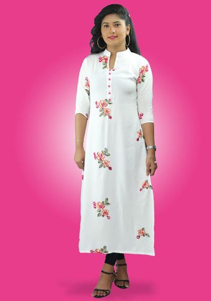 Picture of High Necked Long White Top with Embroidery Flowers
