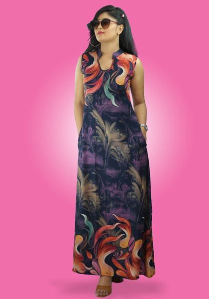 Picture of Printed Bordered Sleeveless A-line Maxi Dress with Pockets
