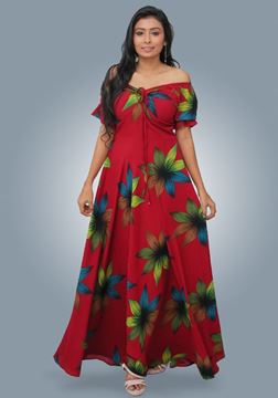 Picture of Floral Designed Front Knotted Flared Maxi Dress with Puff Sleeves