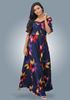 Picture of Floral Designed Front Knotted Flared Maxi Dress with Puff Sleeves