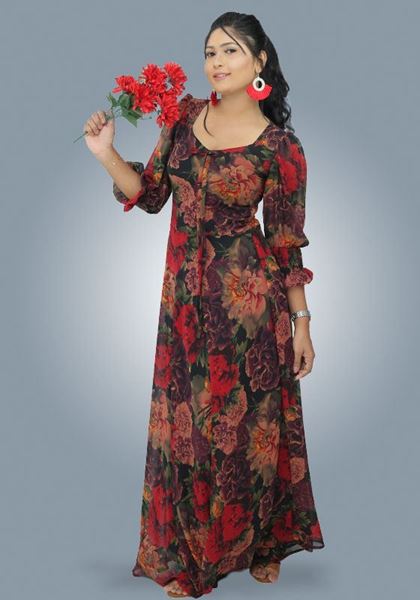 Picture of Floral Designed Georgette Long Puff Sleeves Maxi Dress