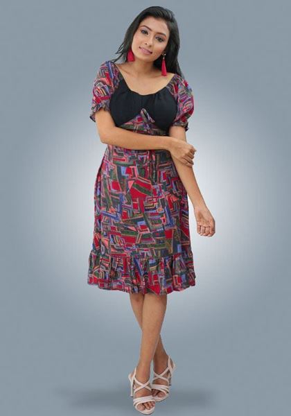 Picture of Off Shoulder Frilled Hem Short Frock with Puff Sleeves