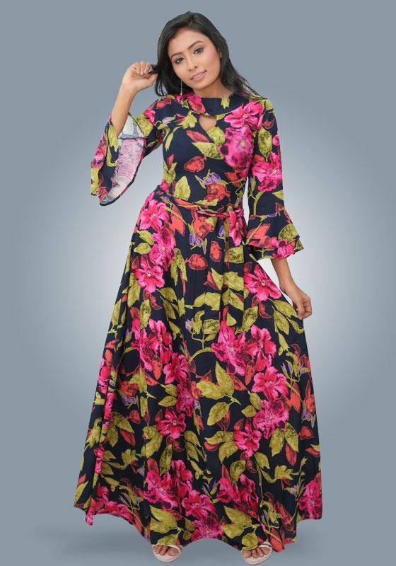 Double Frilled Bell Sleeves Floral Maxi Dress-SunMart Lanka