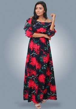 Picture of Off Shoulder Frilled Puff Sleeves  Maxi Frock with Gathered Waist