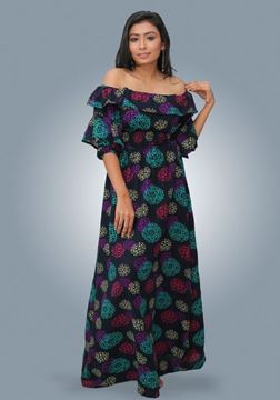 Picture of Off Shoulder Frilled Puff Sleeves  Maxi Frock with Gathered Waist