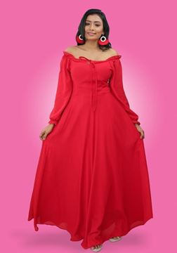 Picture of Off Shoulder Georgette Maxi Dress with Long Puff Sleeves