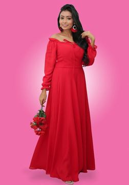 Picture of Off Shoulder Georgette Maxi Dress with Long Puff Sleeves