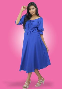 Picture of Front Knotted Flared Short Party Dress with Puff Sleeves