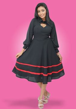 Picture of Long Puff Sleeves Heart Neck Designed Collared Short Dress