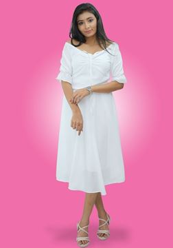 Picture of Front Knotted Short Flared  Party Dress with Puff Sleeves